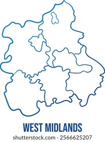 West Midlands region of England with administrative subdivisions. Abstract hand drawn simplified shape map. Soft blue gradient outline map to use for any purpose