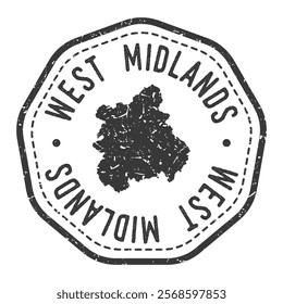 West Midlands, UK Map Stamp Retro Postmark. Silhouette Postal Passport. Seal Round Vector Icon. Badge Vintage Postage Design.