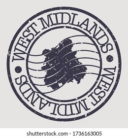West Midlands, UK Stamp Postal. A Map Silhouette Seal. Passport Round Design. Emblema Vector Icon Design Retro Travel.