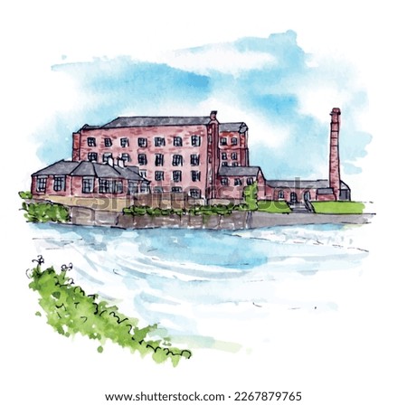 West Mill, Derby, brick industrial Victorian chimney building. Watercolor sketch illustration. Isolated vector.