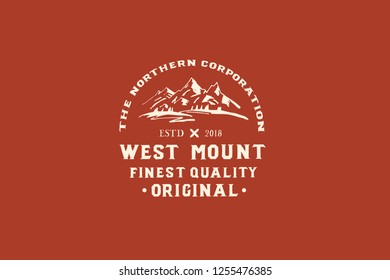 West mount logo. North. Original. Handmade typeface. Serif. Color. Red. Logotype. Style. Hipster. Hill. Peak. Rock. Patch. Stamp. Outdoors. Chrismas. Celebration. Poster. Happy. 