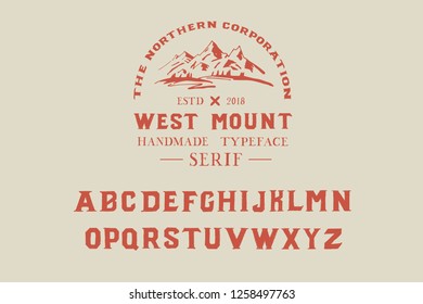 West mount. North. Original. Handmade typeface. Serif font. Color. Authentic typeface. Red. Logo. Style. Christmas.