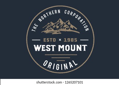 West mount. Vector Illustration. North. Original. Handmade logo. Serif font. Color. Authentic typeface. Red. Logo. Style. Christmas. Snow. Camp, badge, peak, snow, wildlife.