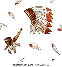 West navajo chieftain adornment warbonnet on white background. Rough festival bonnet. Colored outline hand drawn picture sketch in antique art doodle graphic style pen on paper seamless pattern