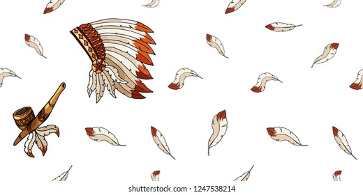 West navajo chieftain adornment warbonnet on white background. Rough festival bonnet. Colored outline hand drawn picture sketch in antique art doodle graphic style pen on paper seamless pattern