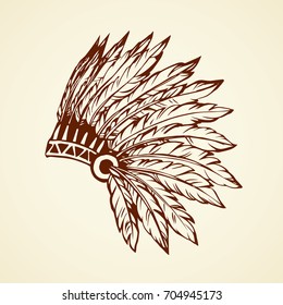 West navajo injun chieftain warbonnet on white background. Festival bonnet. Freehand outline black ink hand drawn picture logo sketchy in antique art doodle graphic style pen on paper