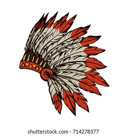 West navajo injun man chieftain adornment warbonnet on white background. rough
festival bonnet. Bright color outline hand drawn picture logo sketchy in antique art doodle graphic style pen on paper