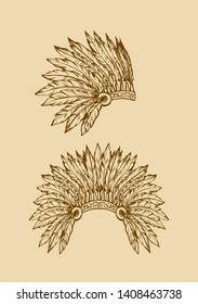 West navajo man chieftain adornment warbonnet on white background. Rough
big festival bonnet. Freehand outline hand drawn pictogram logo emblem sketchy in antique art doodle graphic style pen on paper