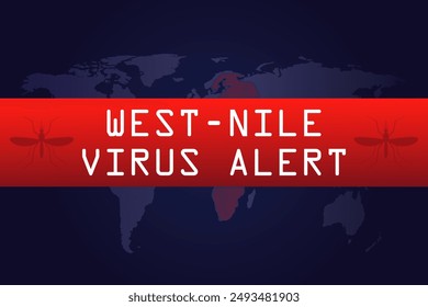 Alerta del virus del Nilo Occidental. Fondo de degradado de Ilustración vectorial con mapa del mundo, mosquito y texto. Concepto de salud.