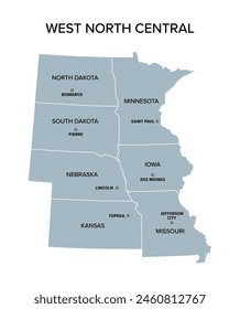 West North Central states, gray political map. United States Census division of the Midwest region consisting of the states Iowa, Kansas, Minnesota, Missouri, Nebraska, North Dakota, and South Dakota.