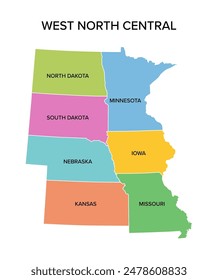 West North Central states, multi colored political map. United States Census division of the Midwest region consisting of Iowa, Kansas, Minnesota, Missouri, Nebraska, North Dakota, and South Dakota.