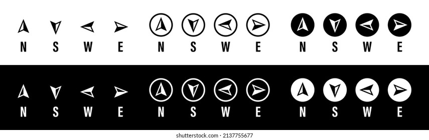 West, Nord, Süd, Ost Pfeil Symbole für Kompass, Karte, Richtungen, Winde. Zeichen und Symbole des Abenteuers in Punkt. Grafische einfache Navigation, GPS Concept Illustration. Längengrad und Breitengrad. Vektorgrafik.