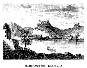 West point is at the center of the Hudson river located in orange county , which was fortified during the revolutionary warvintage line drawing.