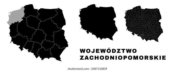 West Pomeranian map, Polish voivodeship. Poland administrative division, provinces, boroughs, and municipalities.