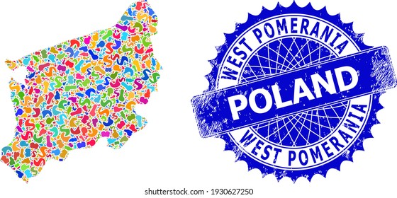 West Pomeranian Voivodeship map vector image. Spot collage and unclean seal for West Pomeranian Voivodeship map. Sharp rosette blue stamp seal with text for West Pomeranian Voivodeship map.