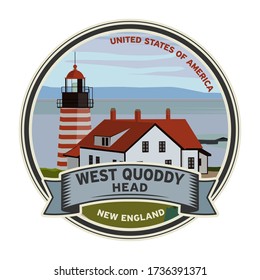 West Quoddy Head lighthouse, Maine in New England, United States. Vector illustration