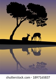 West with roe deer. Roe deer under a tree. Purple-yellow. Vector image for web design, websites, print, backgraunds.