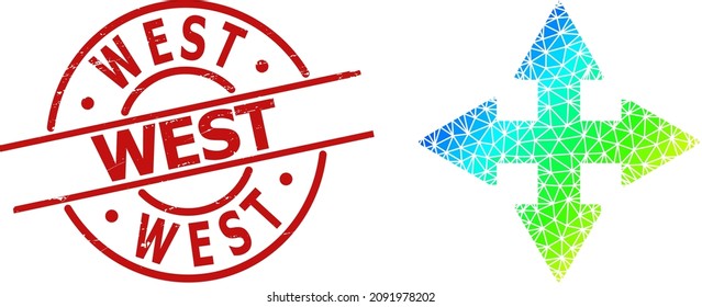 West rubber stamp seal and lowpoly spectrum colored expand arrows icon with gradient. Red stamp seal has West title inside round and lines shape.