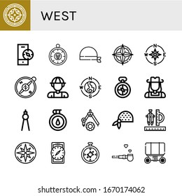 west simple icons set. Contains such icons as Compass, Bandana, Explorer, Cowgirl, Pipe of peace, Wagon, can be used for web, mobile and logo
