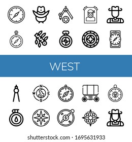 west simple icons set. Contains such icons as Compass, Cowboy hat, Headdress, Wanted, Windrose, Cowboy, Wagon, Cowgirl, can be used for web, mobile and logo