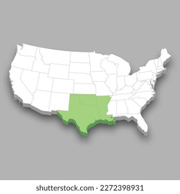 Ubicación de la división centro-sur de los Estados Unidos 3d mapa isométrico