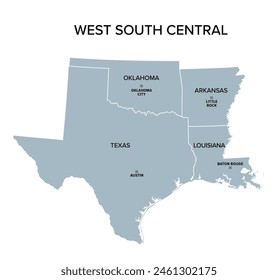 West South Central states, gray political map. United States Census division of the South region, consisting of the states Arkansas, Louisiana, Oklahoma, and Texas. Illustration. Vector