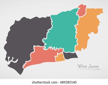 West Sussex England Map with states and modern round shapes