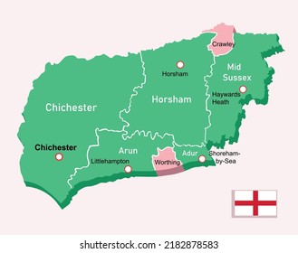 West Sussex map in England. Vector illustration