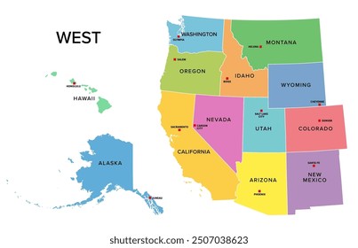 West, U.S. census region, multi colored political map. Census region 4 of the United States, consisting of 13 single states. Colored silhouettes of single states with borders and their capitals.