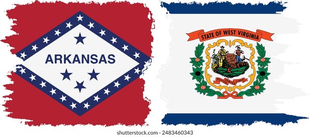 West Virginia and Arkansas states grunge brush flags connection, vector