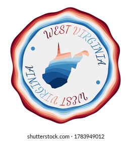 West Virginia badge. Map of the US state with beautiful geometric waves and a vibrant red and blue frame. Vivid round West Virginia logo. Vector illustration.
