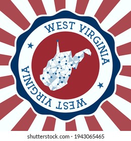 West Virginia Badge. Round logo of US state with triangular mesh map and radial rays. EPS10 Vector.