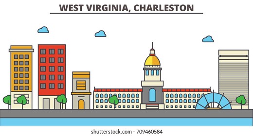 West Virginia, Charleston.City skyline: architecture, buildings, streets, silhouette, landscape, panorama, landmarks, icons. Editable strokes. Flat design line vector illustration concept.