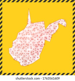 West Virginia closed - virus danger sign. Lockdown US state icon. Black striped border around map with virus spread concept. Vector illustration.