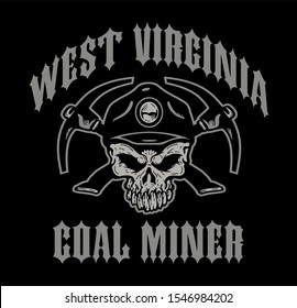 West Virginia Coal Miner Design With Skull Mascot Wearing Hard Hat And Crossed Pickaxes