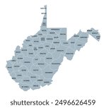 West Virginia counties, gray political map with borders and county names. Landlocked state in the Southeastern and Mid-Atlantic regions of the United States, subdivided into 55 counties. Illustration