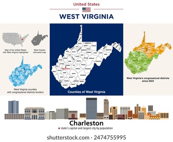 West Virginia counties map and congressional districts since 2023 map. Charleston skyline (state's capital and most populous city). Vector set