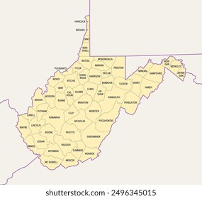 West Virginia counties, political map with borders and county names. Landlocked state in the Southeastern and Mid-Atlantic regions of the United States, subdivided into 55 counties. Illustration