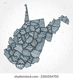 West Virginia counties word clouds. State shape on textured background. West Virginia design in typographic style. Creative vector illustration.