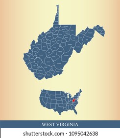 West Virginia County Map With Names. West Virginia State Of USA Map Vector Outline 