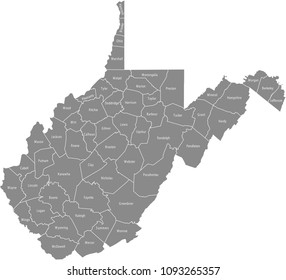 West Virginia County Map Vector Outline Gray Background. West Virginia State Of United States Of America, USA, County Map With Counties Names Labeled And Highly Detailed Borders