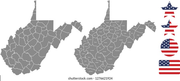 West Virginia county map vector outline in gray background. West Virginia state of USA map with counties names labeled and United States flag icon vector illustration designs