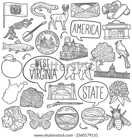 West Virginia Doodle Icons Black and White Line Art. USA State Clipart Hand Drawn Symbol Design.Illustrator Artwork.