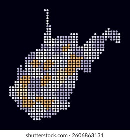 West Virginia dotted map. Digital style map of the state on a dark background. West Virginia shape with circle dots. Colored dots style. Large size circles. Trending vector illustration.