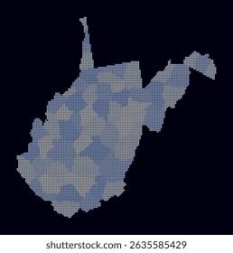 West Virginia dotted map. Digital style map of the state on dark background. West Virginia shape with circle dots. Colored dots style. Small size circles. Trending vector illustration.