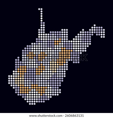 West Virginia dotted map. Digital style map of the state on a dark background. West Virginia shape with circle dots. Colored dots style. Large size circles. Trending vector illustration.