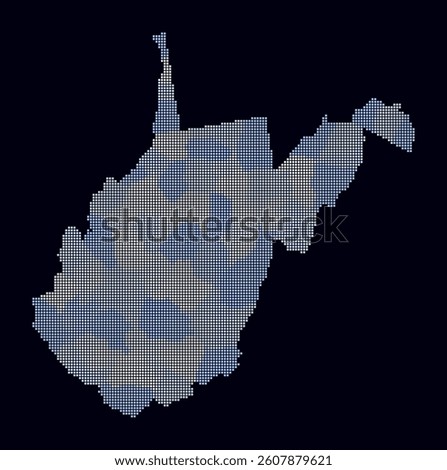 West Virginia dotted map. Digital style map of the state on a dark background. West Virginia shape with square dots. Colored dots style. Small size squares. Artistic vector illustration.