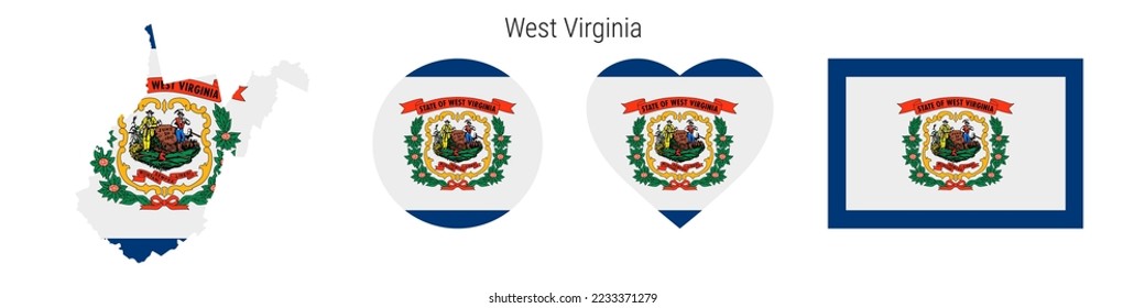 West Virginia flag icon set. American state pennant in official colors and proportions. Rectangular, map-shaped, circle and heart-shaped. Flat vector illustration isolated on white.