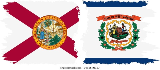 West Virginia and Florida states grunge brush flags connection, vector