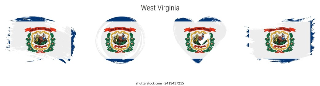 West Virginia hand drawn grunge style flag icon set. US state banner in official colors. Free brush stroke shape, circle and heart-shaped. Flat vector illustration isolated on white.